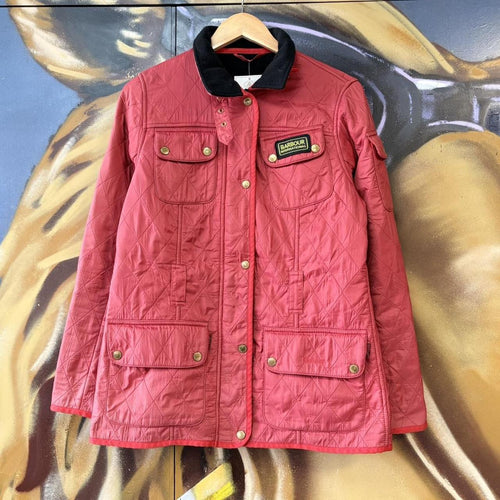 ADN0101CF-U - Vintage Retro Essential Red Barbour Full zip and button up quilted down padded lined jacket coat #british #oldmoney #quilted #outdoor #barbour