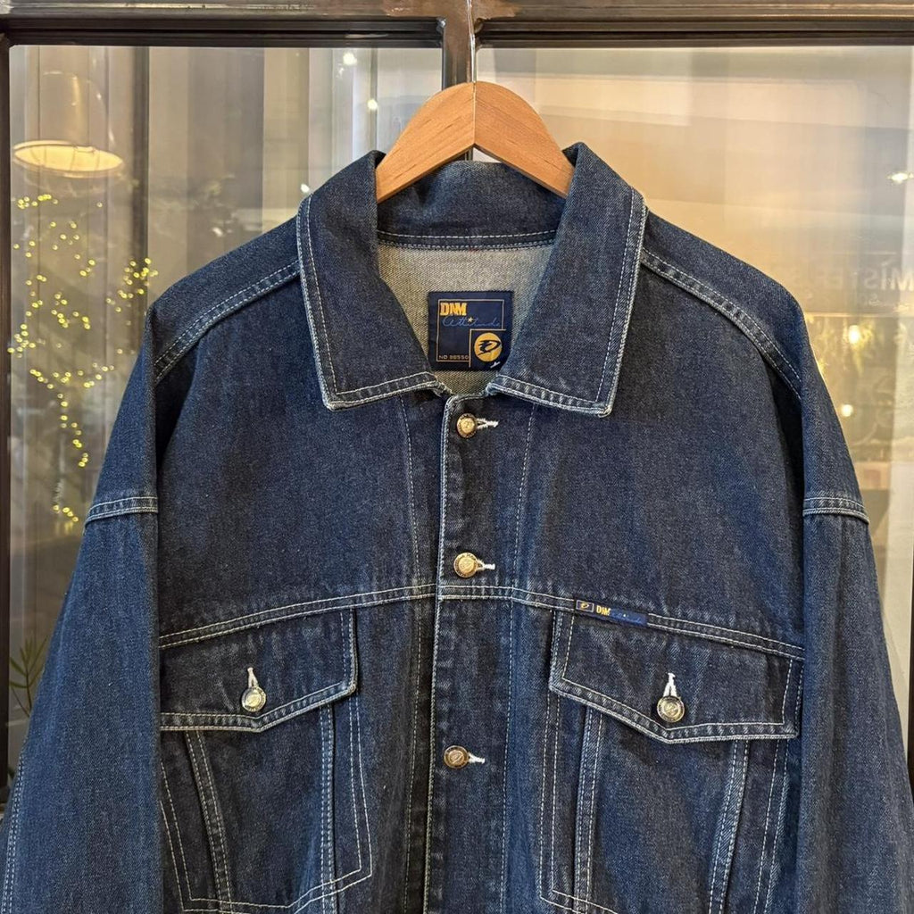 0325E86F - Vintage Retro Essential Y2K Dark Blue Wash Denim Jacket with embroidered patch logos and back Graffiti Cartoons #denimjacket #denim #hiphop #y2k #graffiti