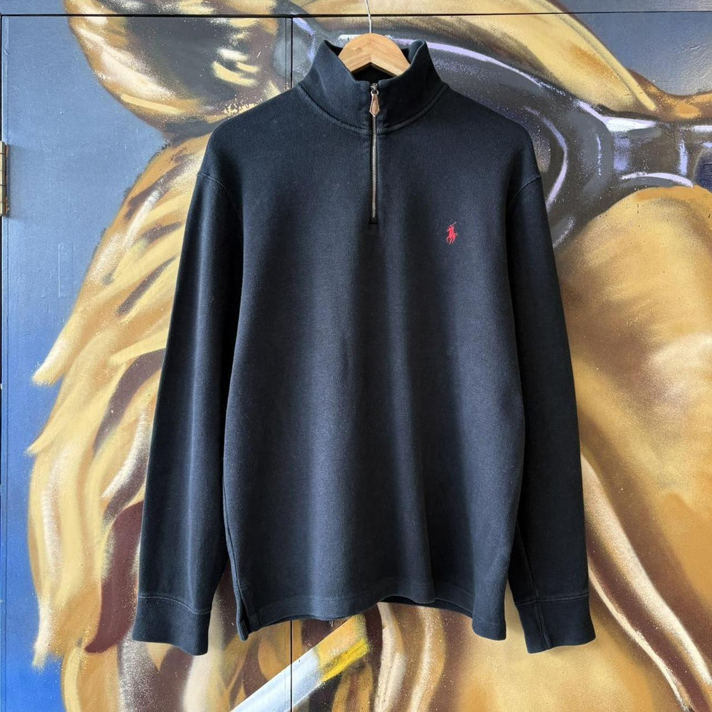 Vintage Ralph Lauren 1/4 Zip Fleece Mens Large Black Quarter Zip Up Preppy Pony Logo Sweatshirt Jumper Top Y2K 90s