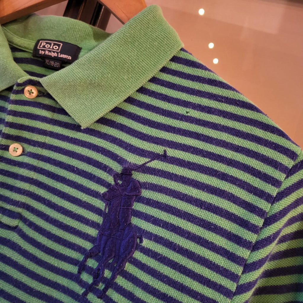 POL076 - Vintage Ralph Lauren Green blue Stripe Polo Shirt Short Sleeve collared button up top #Y2K #preppy #chiefkeef #bigpony