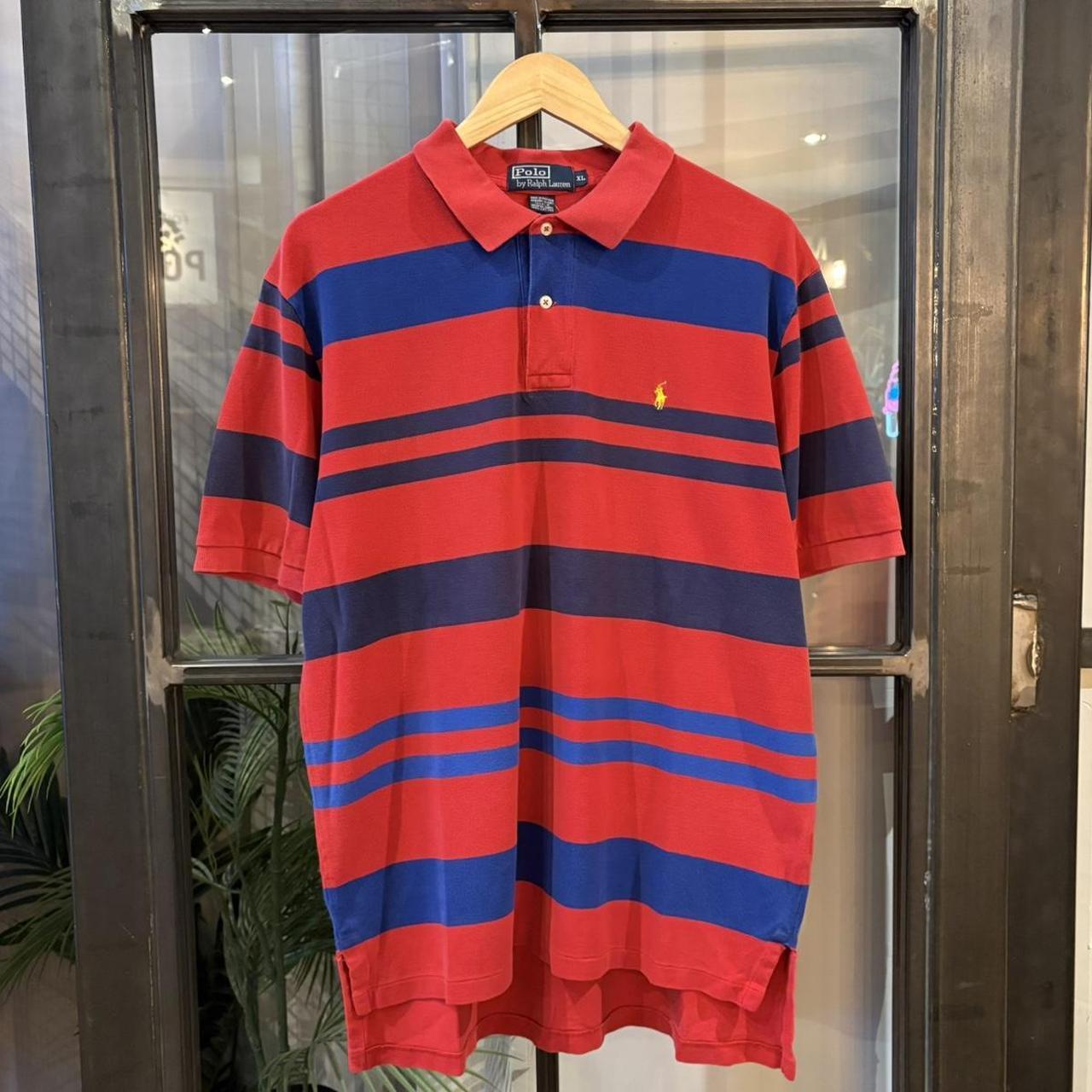 BR1912ADH-P - Vintage Retro Ralph Lauren Red and Blue Striped Polo Shirt Short Sleeve collared button up top  #Y2K #preppy #chiefkeef #oldmoney #ralphlauren