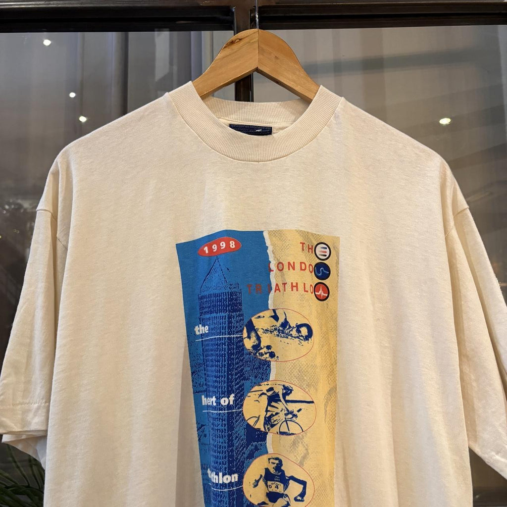 Vintage Asics 1998 London Triathlon T shirt Mens Large White Graphic Print Single Stitch Tee Top 90s