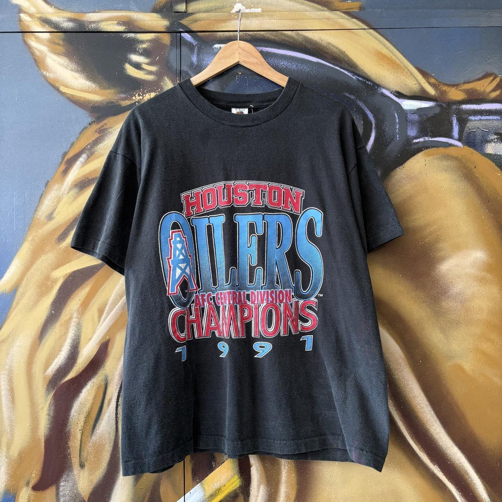 Vintage Houston Oilers T shirt Mens XL Black 1991 Central Divison Champions Single Stitch Graphic Print Tee Top 90s