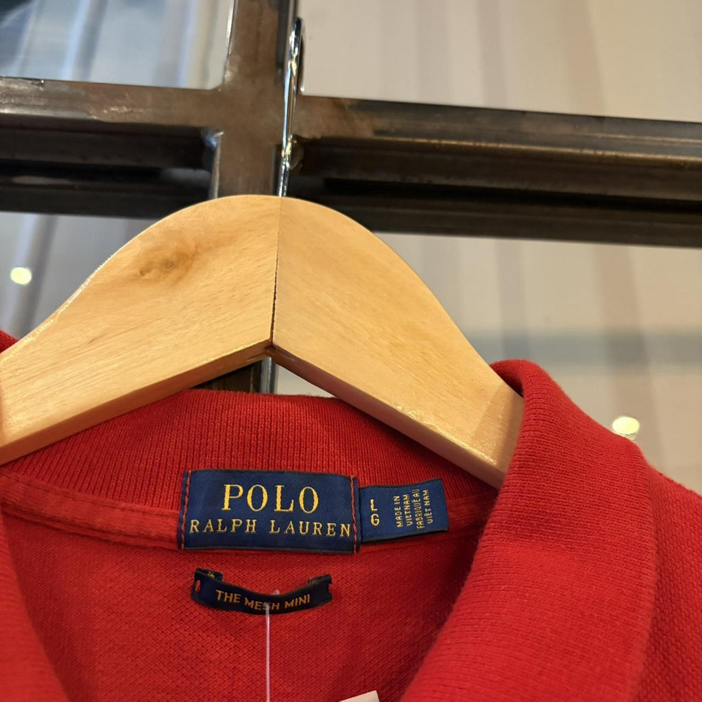 BR1912BR-F - Vintage Retro Red Ralph Lauren The Mesh Mini Dress Polo Shirt Short Sleeve collared button up #Y2K #preppy #minidress #oldmoney #ralphlauren