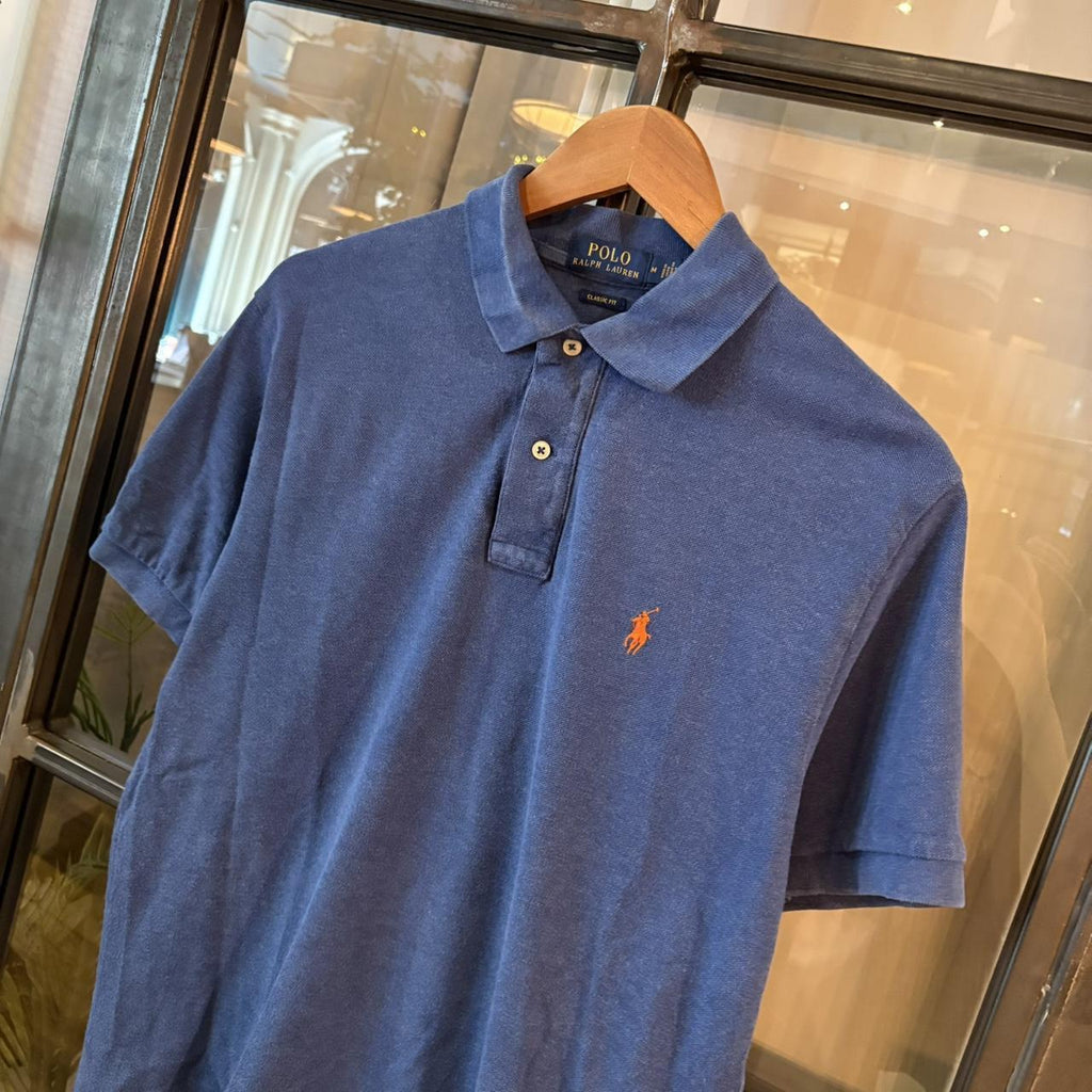 POL402F-P - Vintage Retro Ralph Lauren Blue Plain Polo Shirt Short Sleeve collared button up top  #Y2K #preppy #chiefkeef #oldmoney #ralphlauren