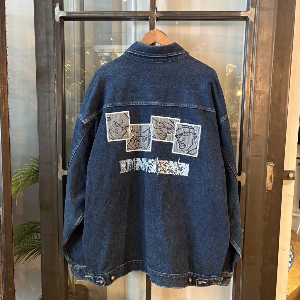 0325E86F - Vintage Retro Essential Y2K Dark Blue Wash Denim Jacket with embroidered patch logos and back Graffiti Cartoons #denimjacket #denim #hiphop #y2k #graffiti