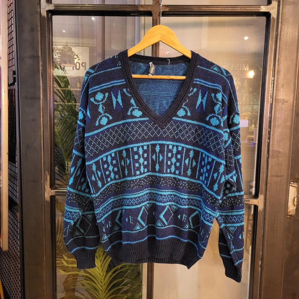 KNT1037 - Vintage Retro Essential navy blue patterned argyle golf grandpa knitted cosby sweatshirt jumper crewneck true vintage 90s y2k