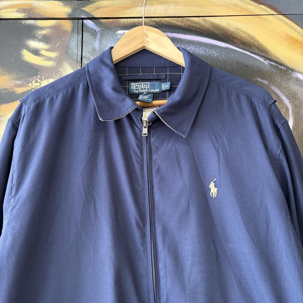 Vintage Ralph Lauren Jacket Mens XL Navy Harrington Full Zip Preppy Pony Logo Collared Top Y2K 90s