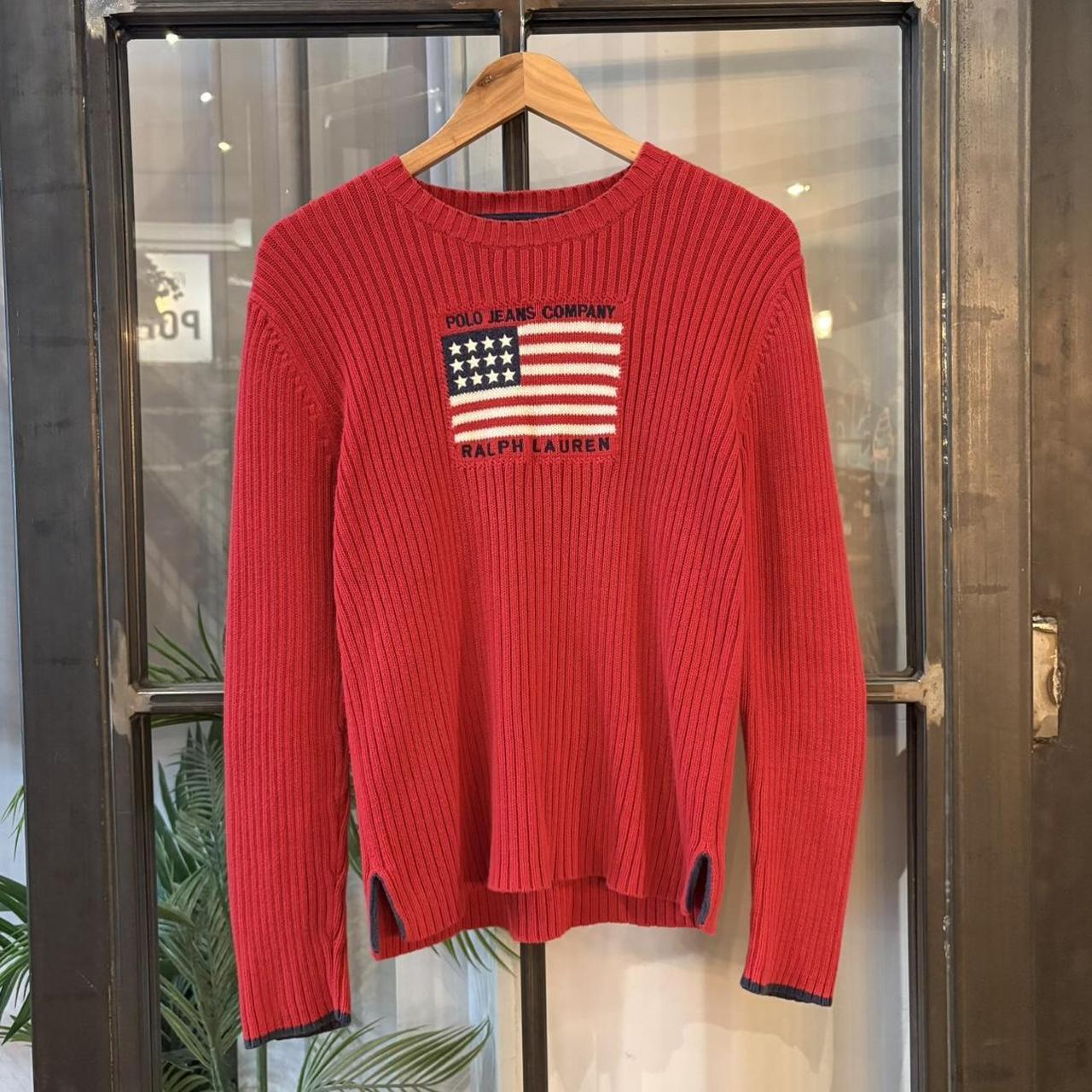 Vintage Polo Ralph Lauren Jumper Womens XL Red Ribbed Knit Sweater Top Big Flag USA Preppy 90s Y2K