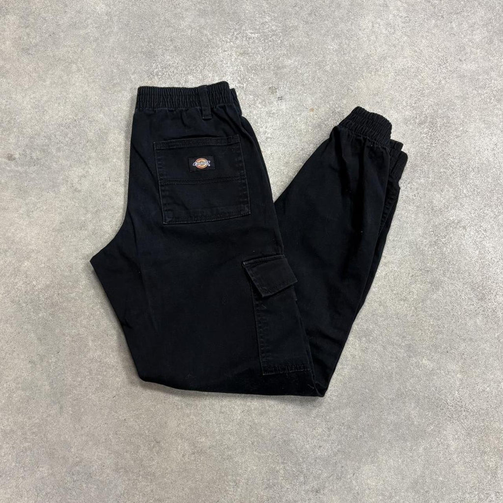 BR1011BO-U - Vintage retro essential Black Dickies Cargo Trousers pants casual workwear with elasticated waistband #skater #utility #workwear #straightleg #dickies
