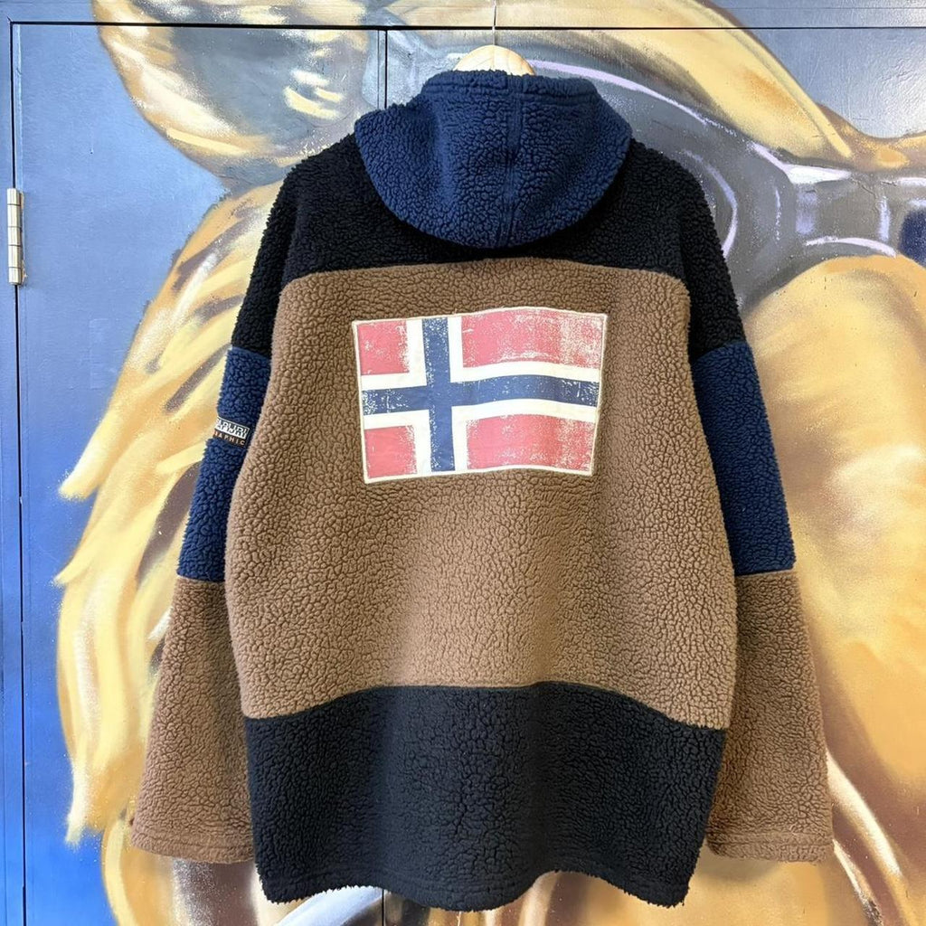 MES1102FM-U - Vintage Retro Essential Brown, Black and Navy Napapijri Full Zip Fluffy Fleece Sweatshirt Hoodie with large back patch logo #90s #fleece #essential #napapijri #y2k