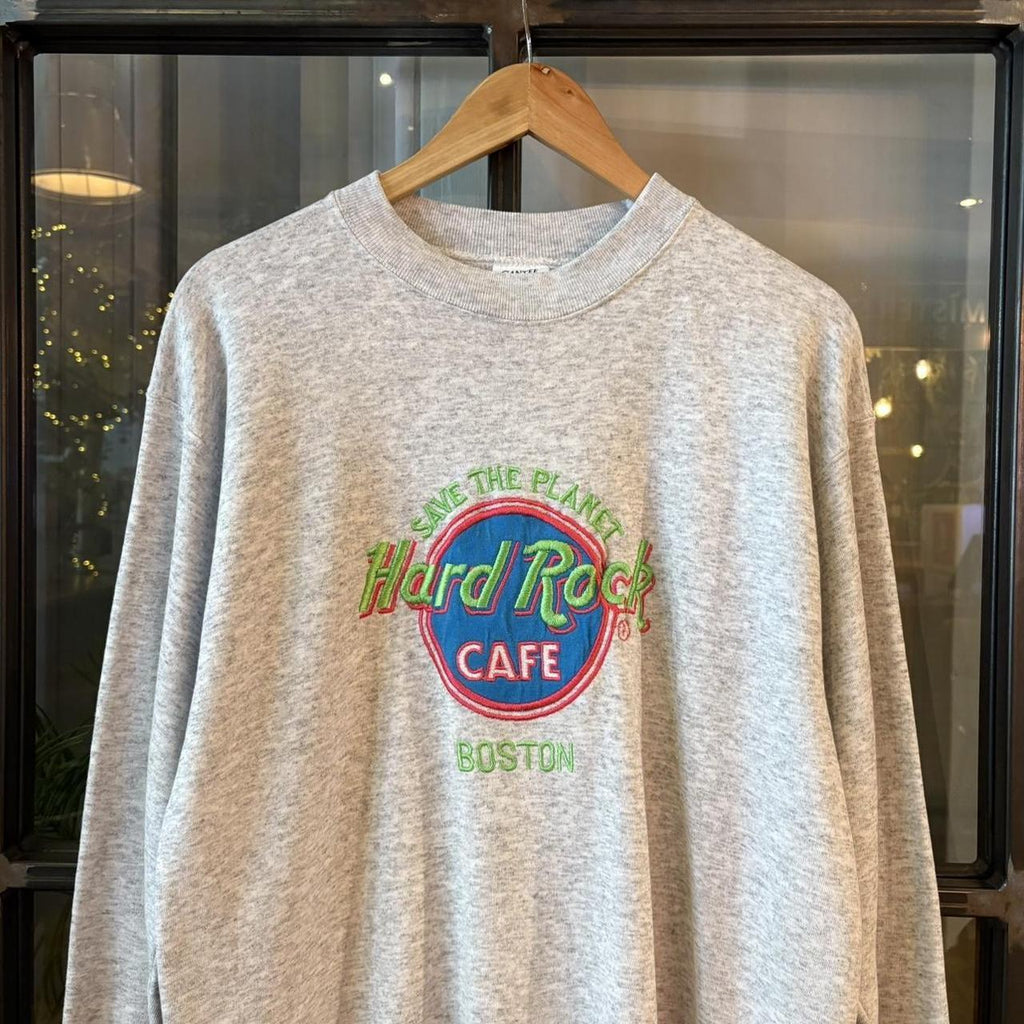 SWT614BR - Vintage Retro Essential Grey Hard Rock Cafe Crewneck Jumper Sweatshirt with Save the planet boston embroidered centre logo #90s #boston #essential #y2k #hardrock