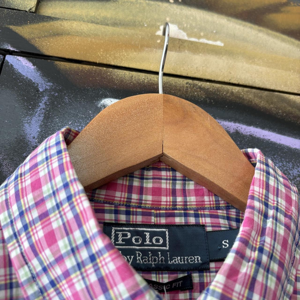 Vintage Ralph Lauren Polo Shirt Pink Check Preppy Pony Logo Collared Button Up Top Y2K 90s