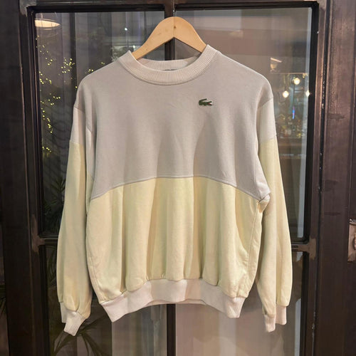 0325E60F-P - Vintage Retro Essential Pale Yellow and Grey Lacoste Crewneck Jumper Sweatshirt with embroidered crocodile patch logo #90s #sportswear #essential #y2k #lacoste