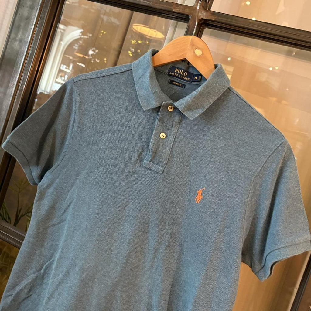 POL403F - Vintage Retro Ralph Lauren Blue Plain Polo Shirt Short Sleeve collared button up top  #Y2K #preppy #chiefkeef #oldmoney #ralphlauren