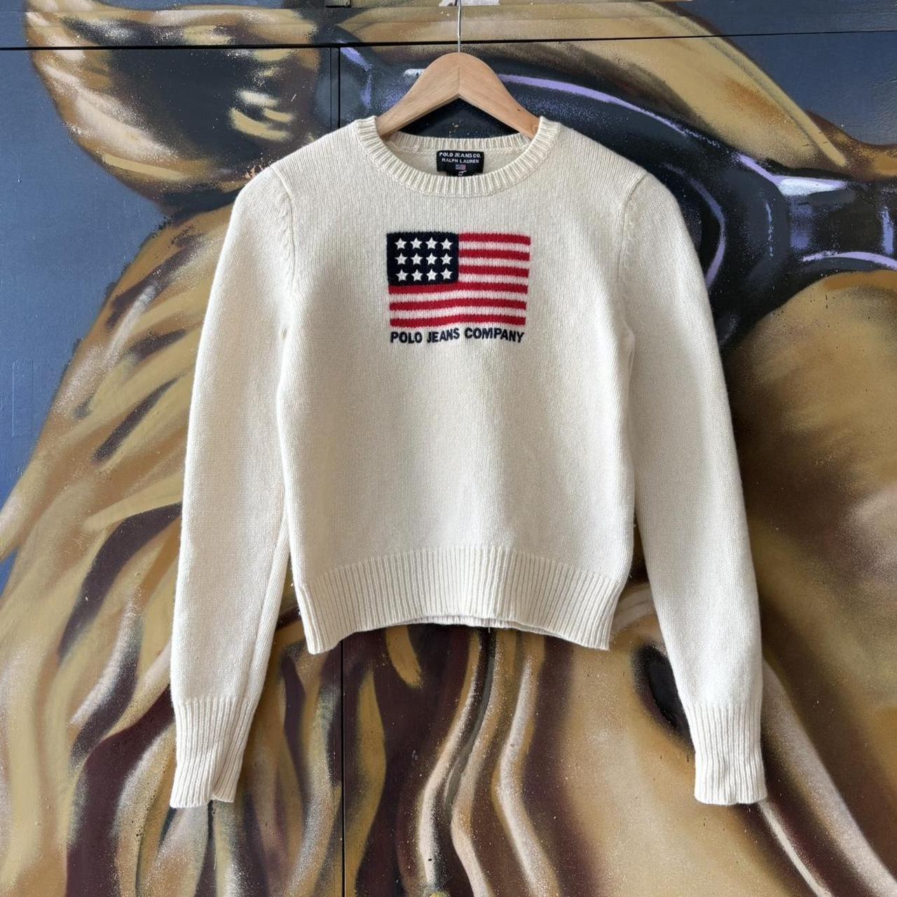 Vintage Polo Ralph Lauren Jumper Womens Medium Cream Lambswool Knit Top Big Flag USA Preppy 90s Y2K