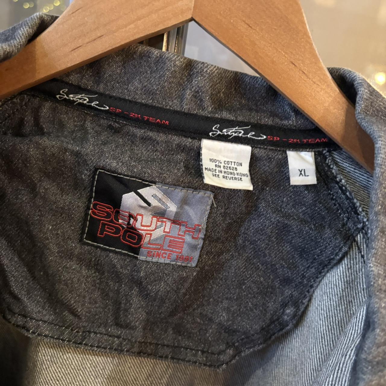 0325GE84F - Vintage Retro Essential South Pole Grey Wash Button Up Denim Jacket with embroidered patch logos and back graffiti print #denimjacket #denim #hiphop #y2k #southpole
