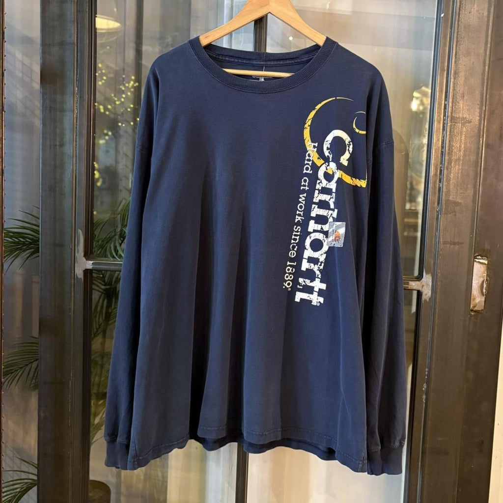 TEE518F - Vintage Retro Essential Navy Carhartt Longsleeve Graphic Print Top Tee T-shirt with embroidered patch logo #skater #longsleeve #carhartt #y2k #graphic