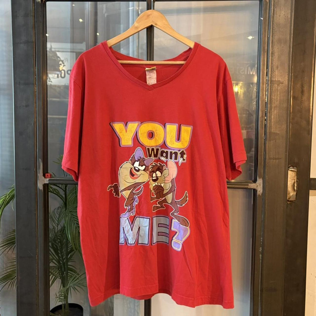 TEE638F - Vintage Retro Essential Red Looney Tunes Taz and Tasmanian She-Devil 'You want me, take a number' Graphic Print V-Neck Top Tee T-shirt #90s #graphic #taz #looneytunes #basic