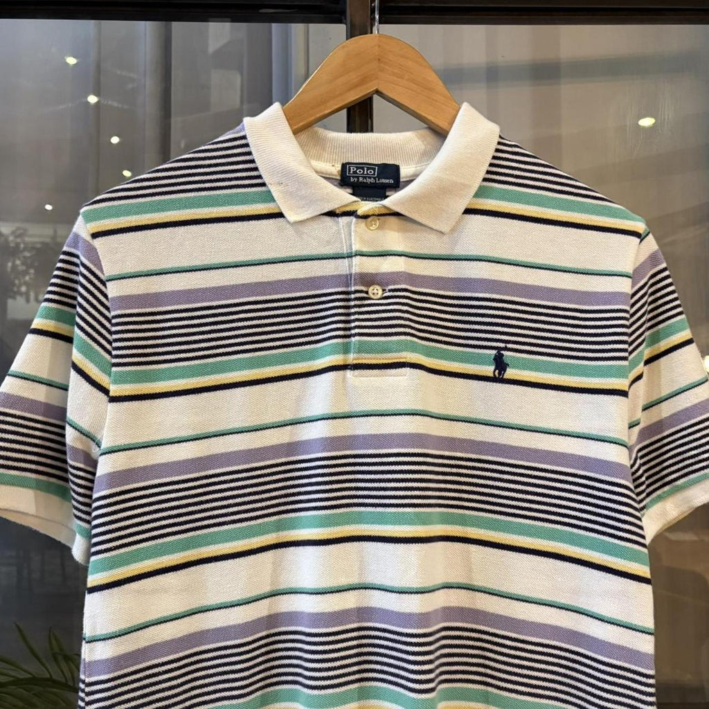 POL590-P - Vintage Retro Ralph Lauren White and Pastel Striped Polo Shirt Short Sleeve collared button up top  #Y2K #preppy #chiefkeef #oldmoney #ralphlauren