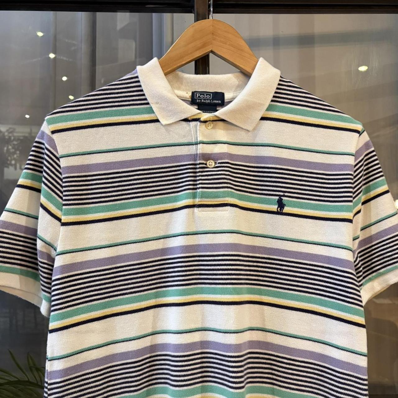 POL590-P - Vintage Retro Ralph Lauren White and Pastel Striped Polo Shirt Short Sleeve collared button up top  #Y2K #preppy #chiefkeef #oldmoney #ralphlauren
