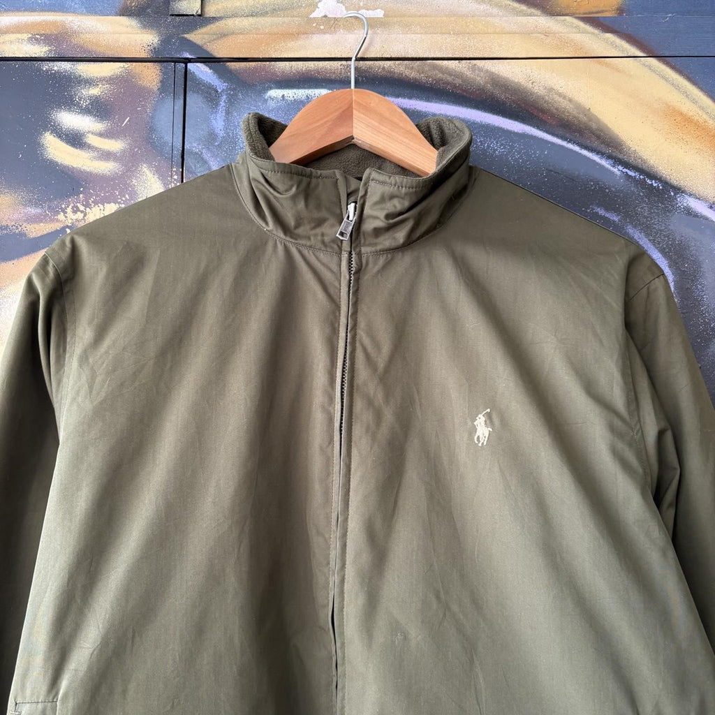 Vintage Ralph Lauren Jacket Mens Medium Army Green Harrington Preppy Pony Logo Collared Full Zip Up Top Y2K 90s