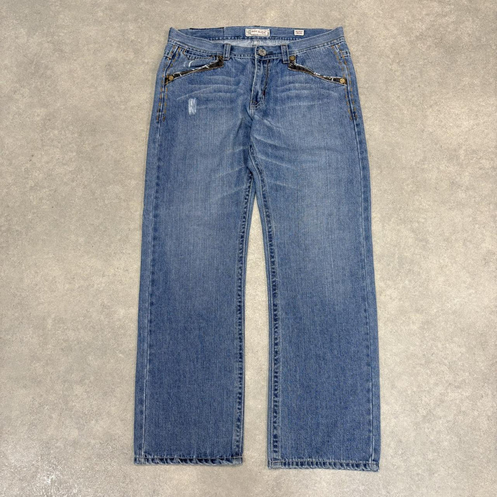 BR1209CB-U - Vintage retro essential  Mek Denim USA Blue Wash Denim Jeans Trousers pants with y2k embroidered detailing #denim #usa #jeans #y2k #embroidered