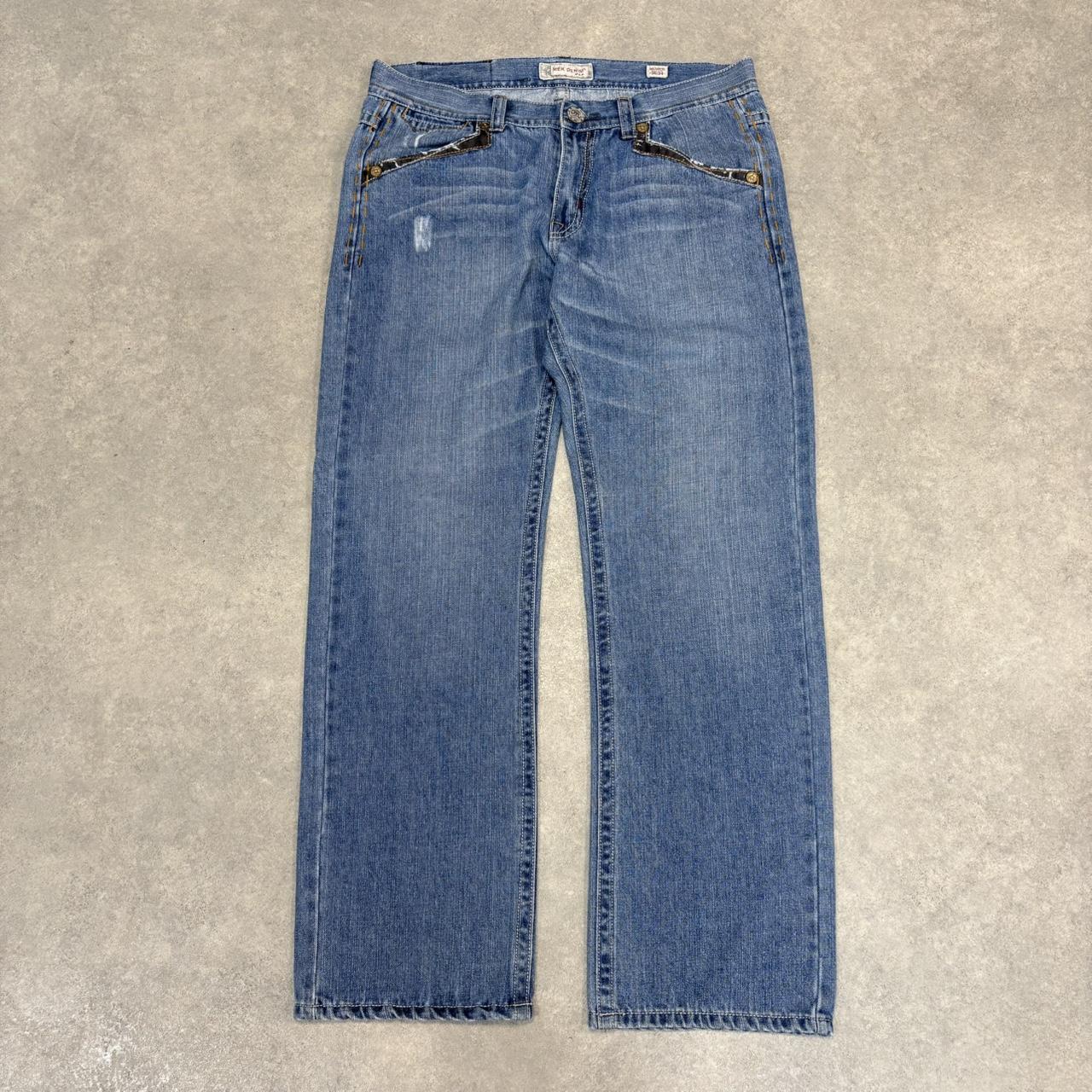 BR1209CB-U - Vintage retro essential  Mek Denim USA Blue Wash Denim Jeans Trousers pants with y2k embroidered detailing #denim #usa #jeans #y2k #embroidered