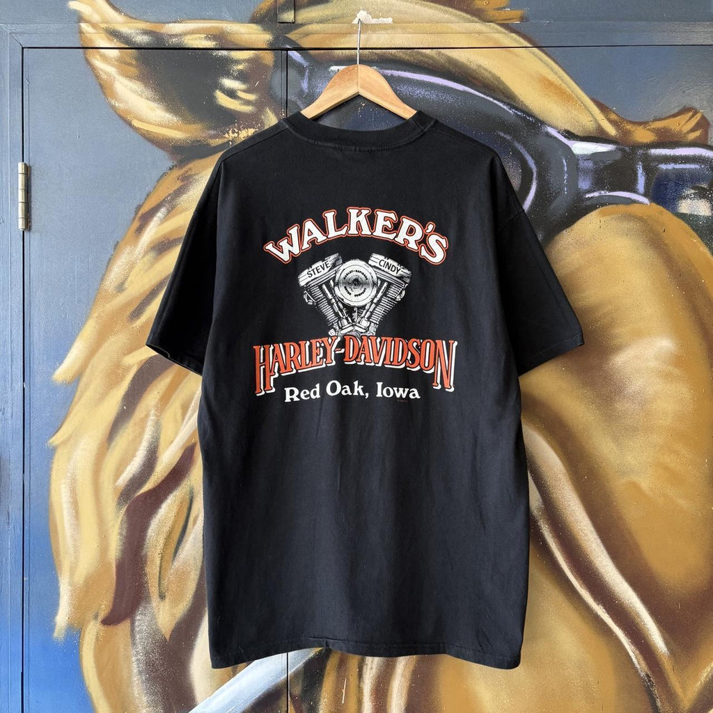 Vintage Harley Davidson T Shirt Mens XL Black Red Oak Iowa Biker Grunge Graphic Print Top Tee T-shirt 90s Y2K 00s