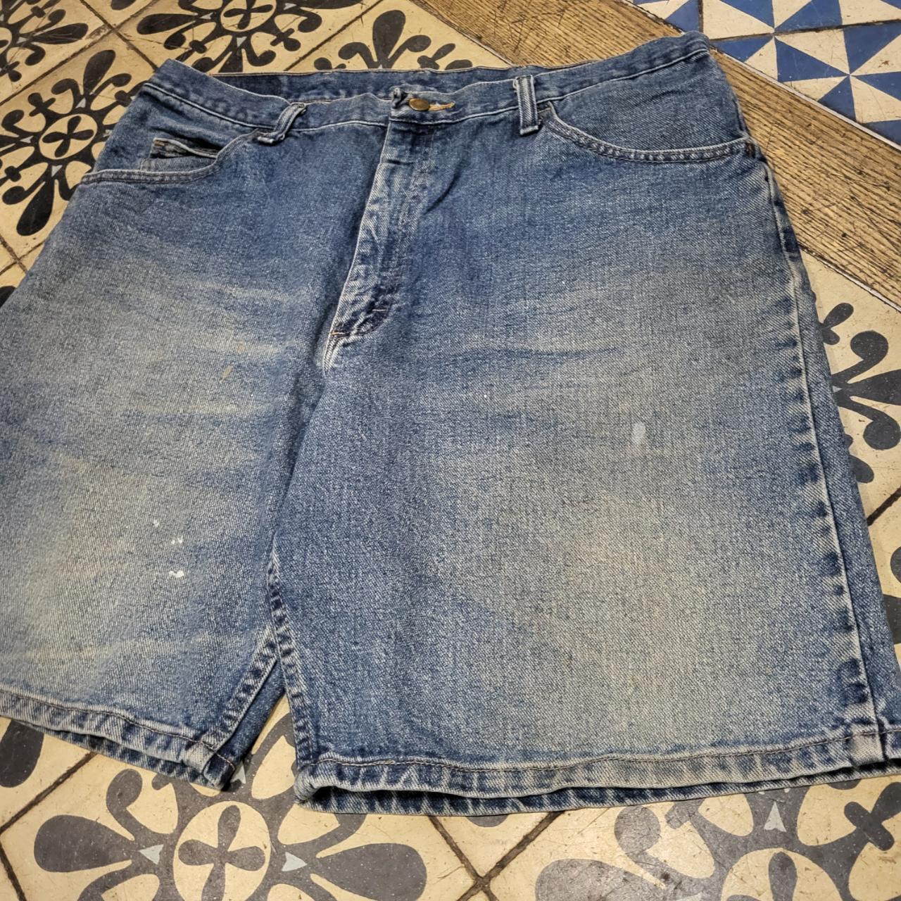 JRT5015 - Vintage Retro Wrangler Blue Wash Denim Jorts Shorts Jorts with detailed embroidered patch logo #jorts #wrangler #y2k #skater #hiphop