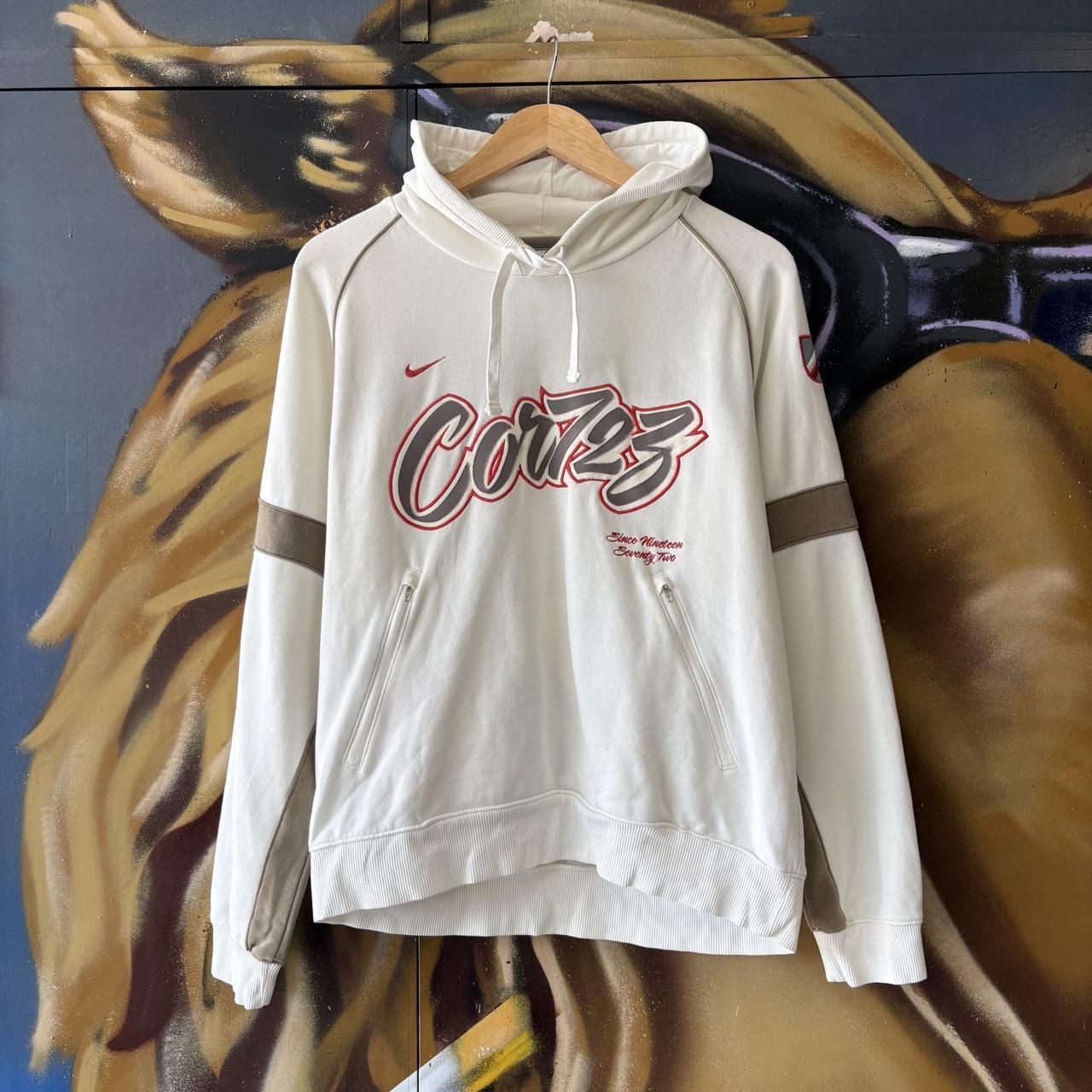Vintage Nike Cortez Hoodie Mens Small White Solo Swoosh Graffiti Logo Embroidered Pullover Jumper Top 90s Y2K 00s