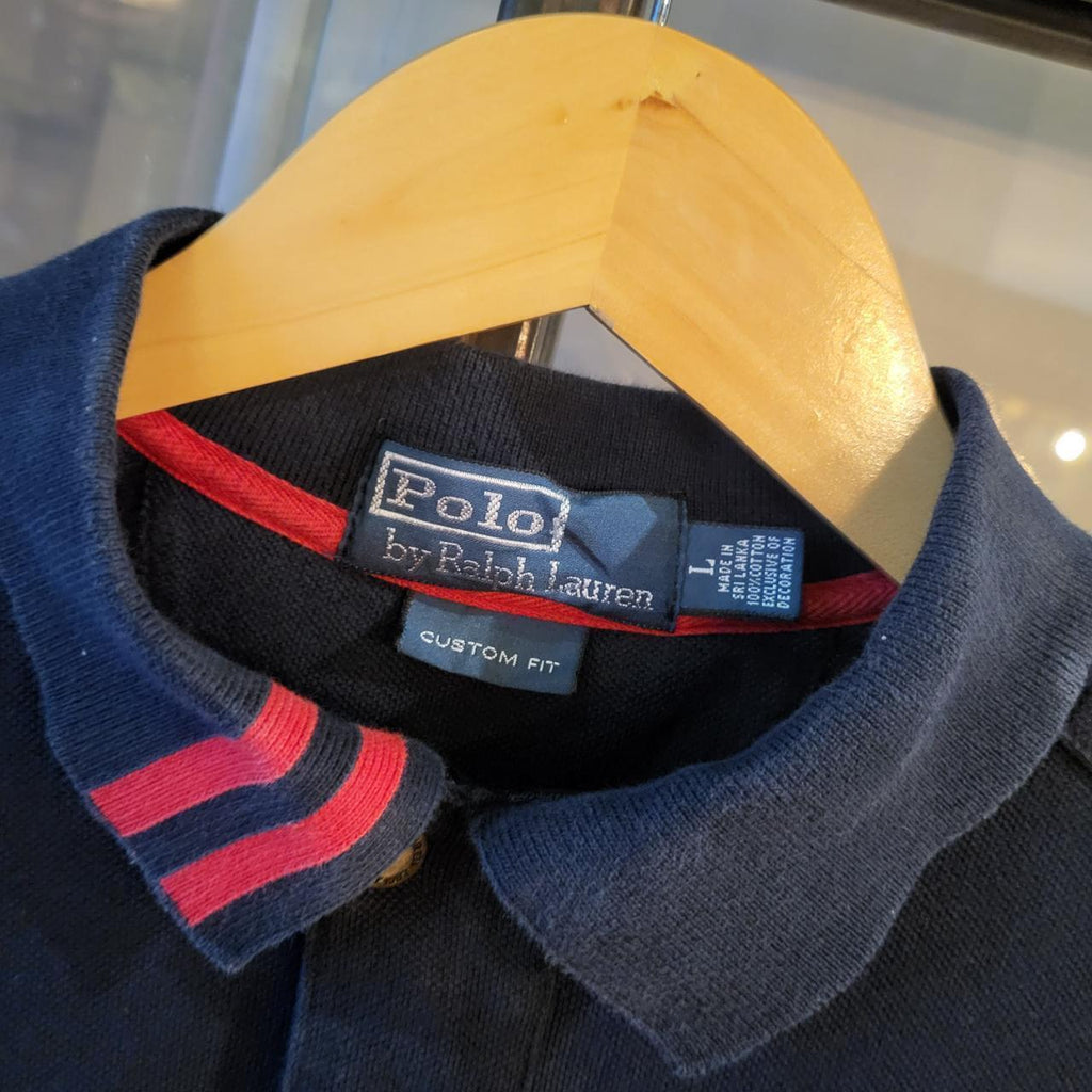 POL196 - Vintage Ralph Lauren Navy Polo Shirt Short Sleeve collared button and Zip up top with side red stripe #Y2K #preppy #chiefkeef #golf #oldmoney