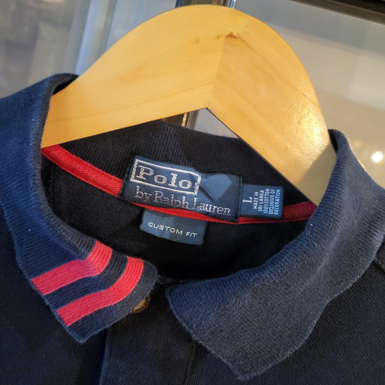 POL196 - Vintage Ralph Lauren Navy Polo Shirt Short Sleeve collared button and Zip up top with side red stripe #Y2K #preppy #chiefkeef #golf #oldmoney