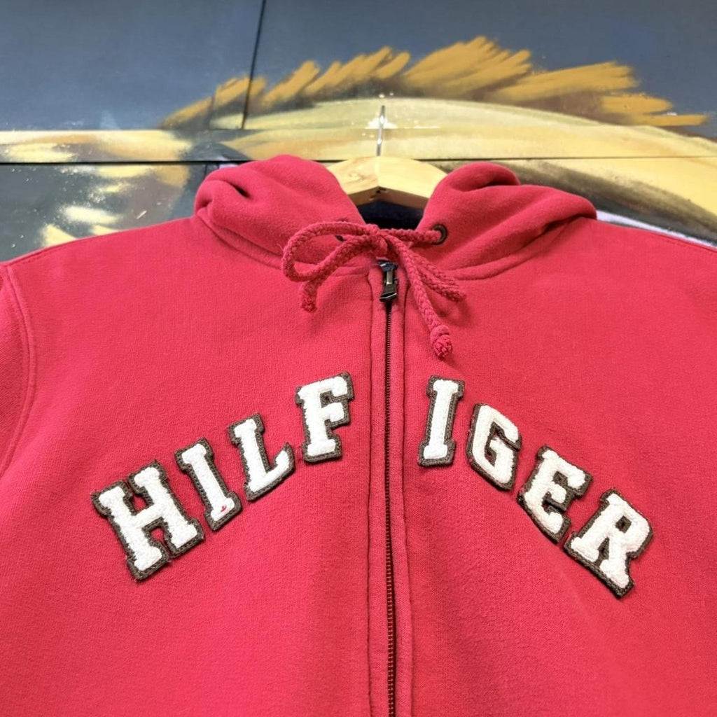 MES1102FH-U - Vintage Retro Essential Tommy Hilfiger Red Full Zip Sweatshirt Hoodie with embroidered Spell Out felt letters logo #90s #sportswear #essential #tommy #y2k