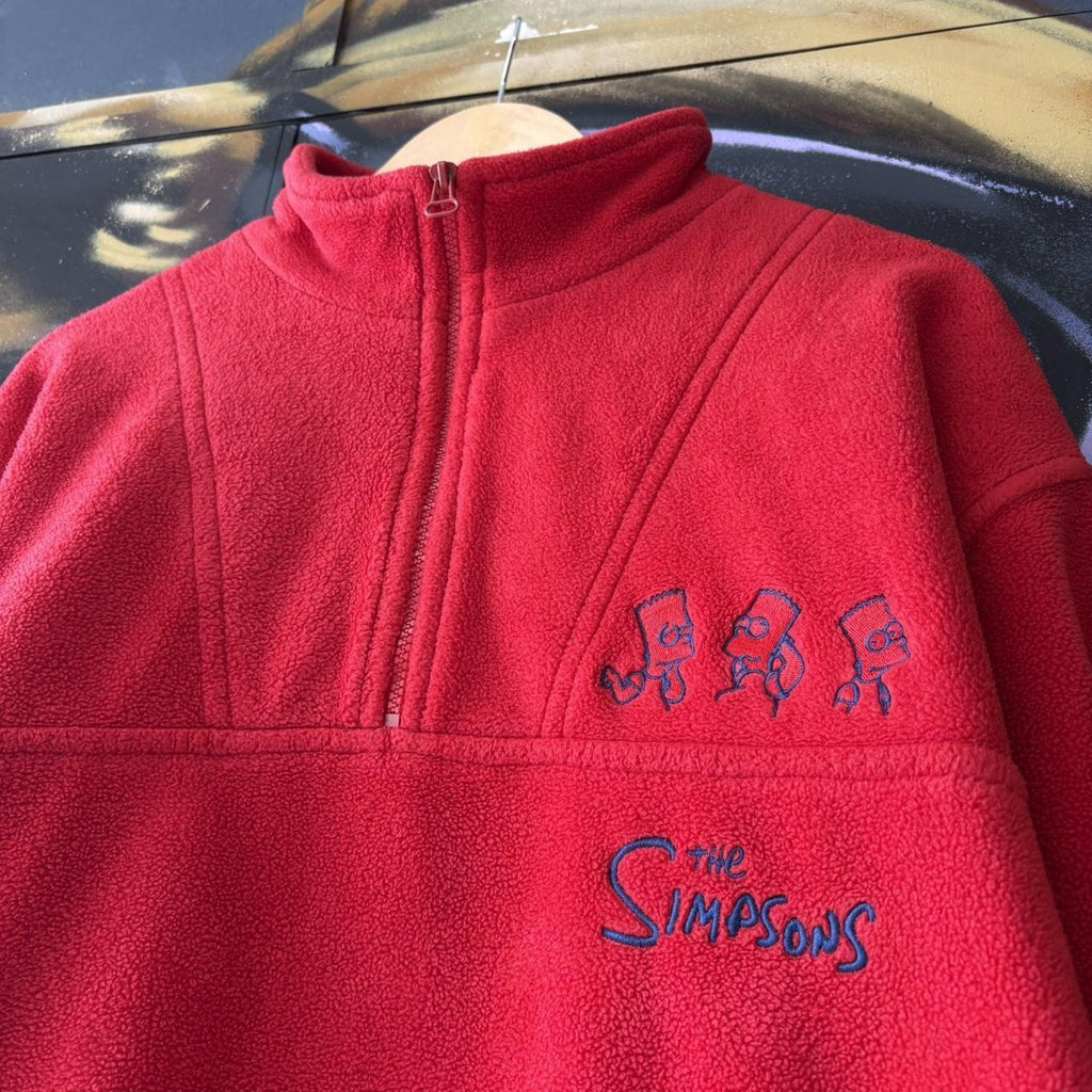 Vintage The Simpsons Fleece Quarter Zip Jumper Mens XL Red Embroidered Logo Cartoon Pullover 90s Y2K