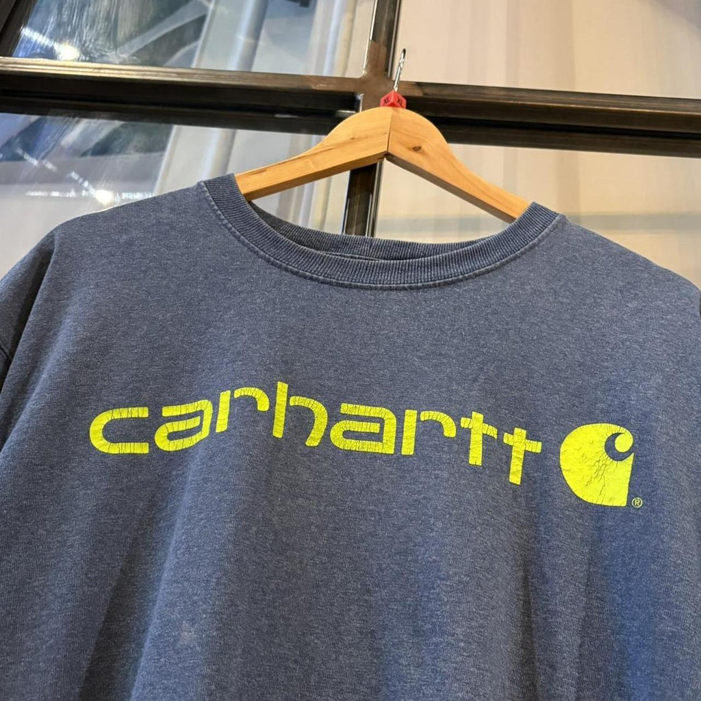 BR2401CH-F - Vintage Retro Essential Blue Carhartt Logo Spell Out Graphic Print Top Tee T-shirt  #skater #workwear  #carhartt #y2k #graphic