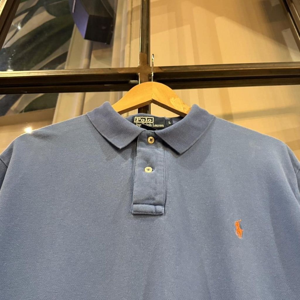 BR1912ADI-F - Vintage Retro Ralph Lauren Plain Blue Polo Shirt Short Sleeve collared button up top  #Y2K #preppy #chiefkeef #oldmoney #ralphlauren