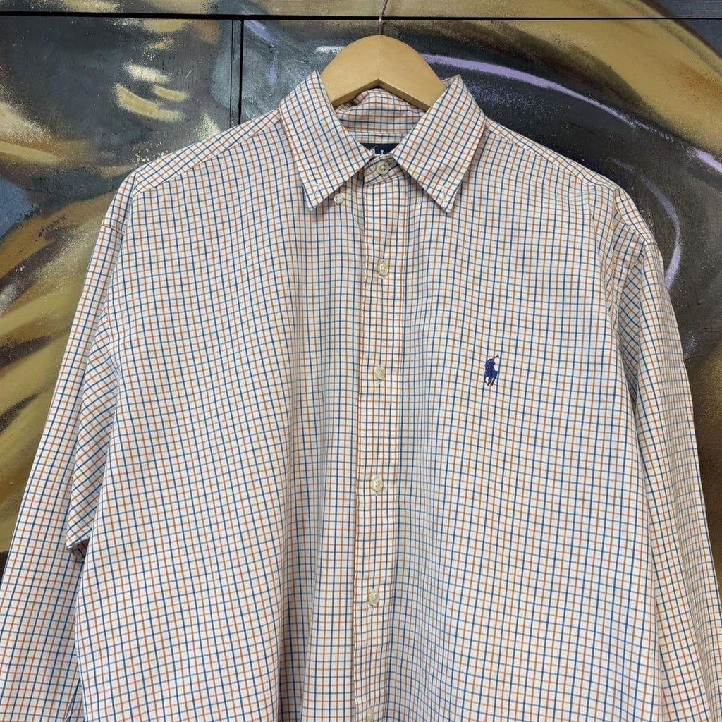 BR1912YN-P - Vintage Ralph Lauren Blue and Orange Check Longsleeve collared button up polo shirt top #Y2K #preppy #chiefkeef #smartcasual #oldmoney