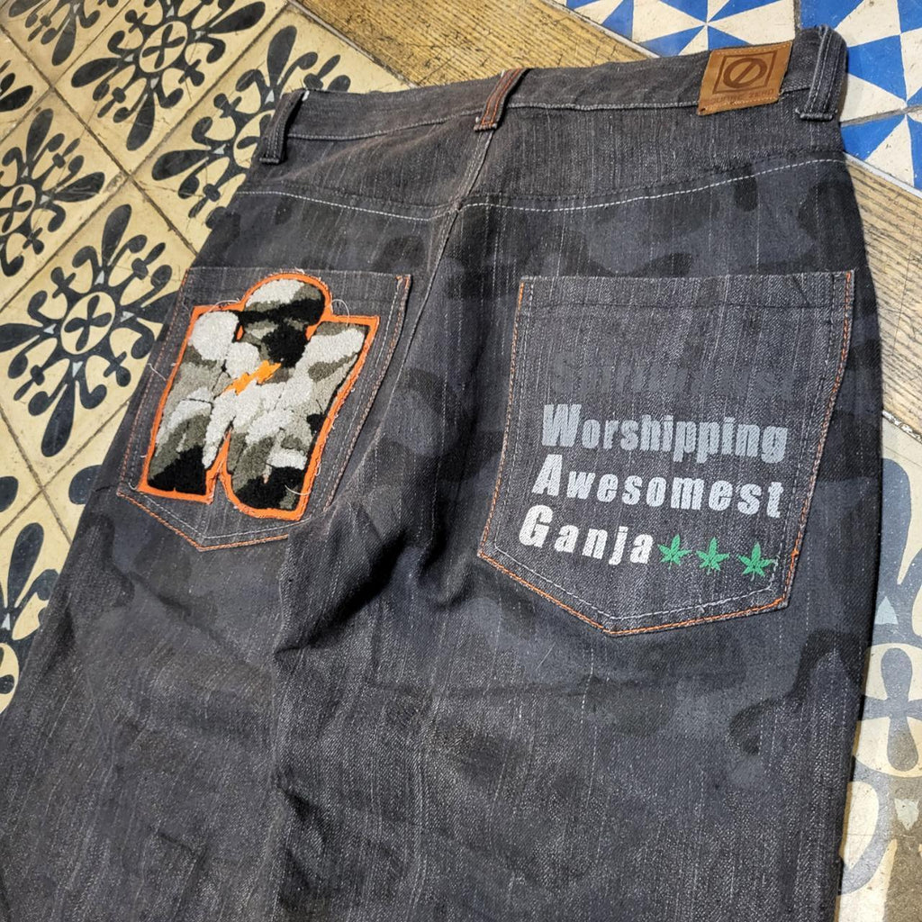 JNS203BR - Vintage retro essential Square Zero Black Wash Baggy Straight Leg Denim Jeans Trousers pants #denim #denimjeans #squarezero #embroidered