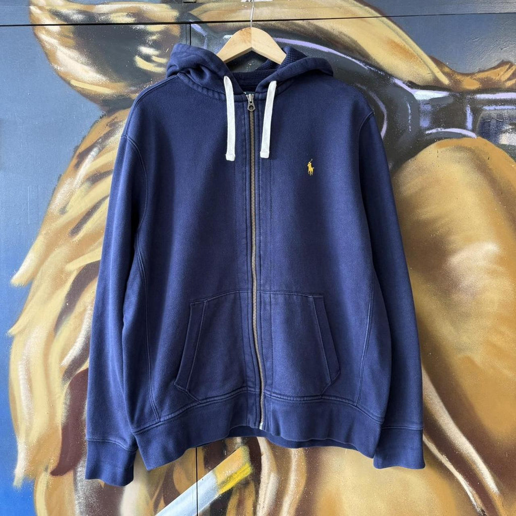 Vintage Ralph Lauren Hoodie Mens XL Navy Full Zip Up Preppy Pony Logo Jumper Thermal Hood Y2K 90s