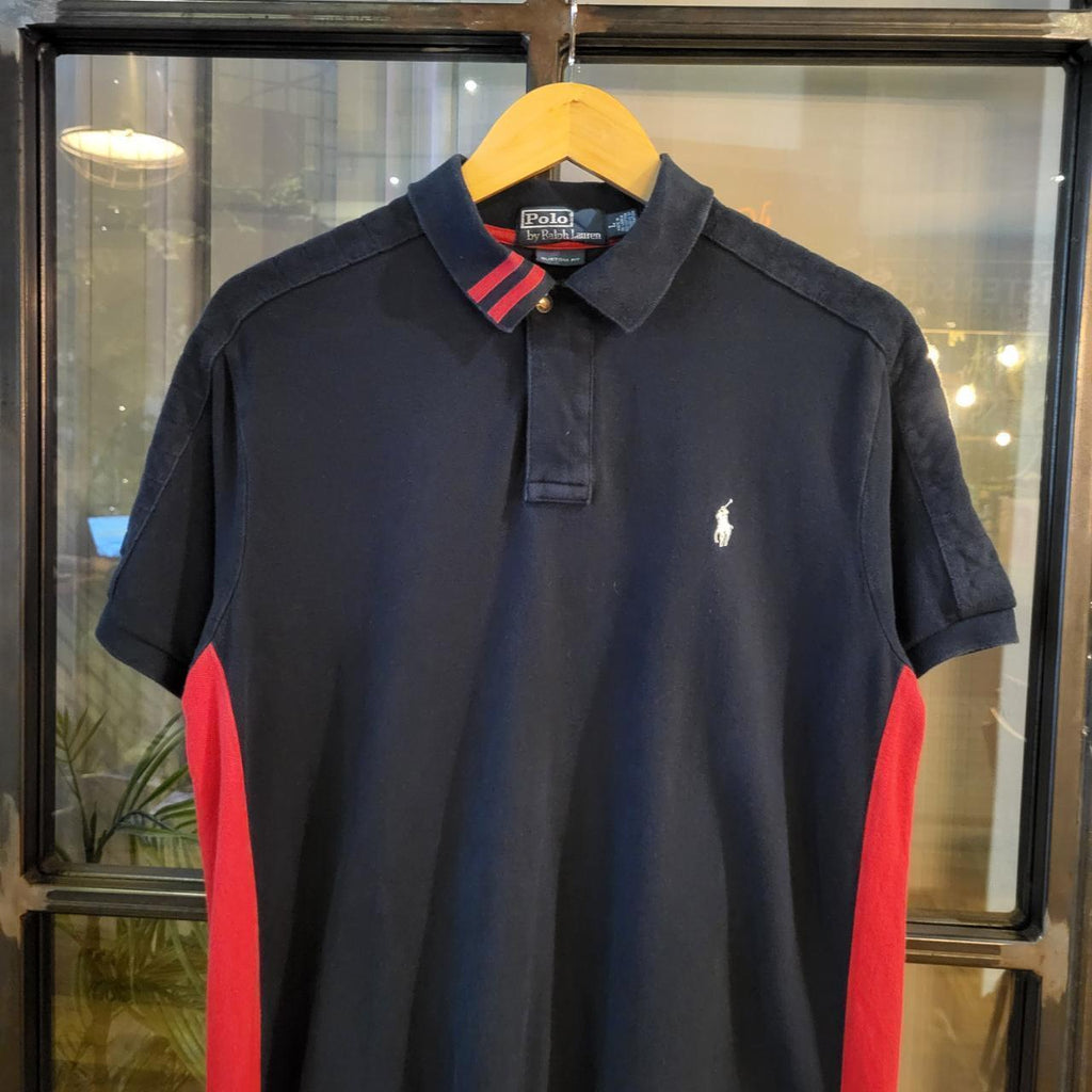 POL196 - Vintage Ralph Lauren Navy Polo Shirt Short Sleeve collared button and Zip up top with side red stripe #Y2K #preppy #chiefkeef #golf #oldmoney