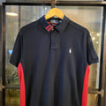POL196 - Vintage Ralph Lauren Navy Polo Shirt Short Sleeve collared button and Zip up top with side red stripe #Y2K #preppy #chiefkeef #golf #oldmoney