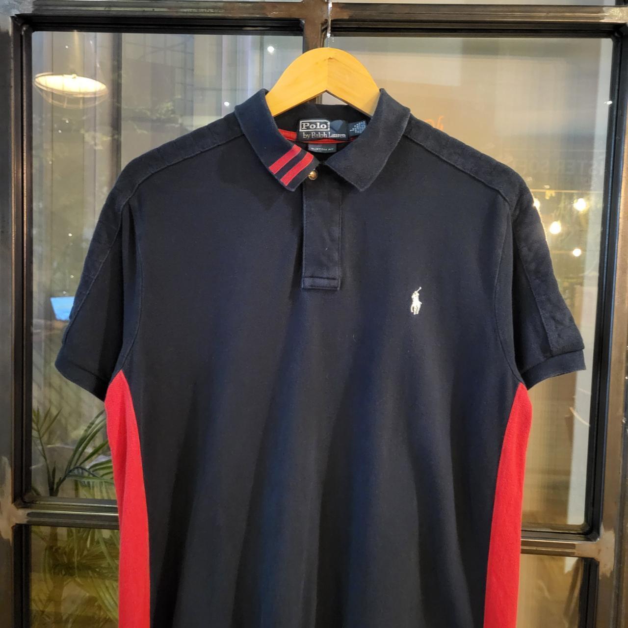 POL196 - Vintage Ralph Lauren Navy Polo Shirt Short Sleeve collared button and Zip up top with side red stripe #Y2K #preppy #chiefkeef #golf #oldmoney
