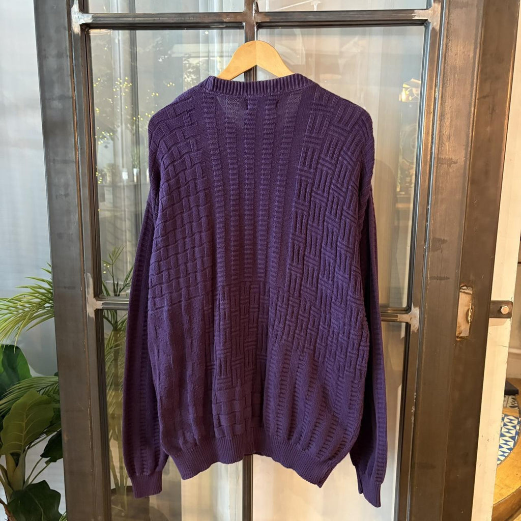 0225H55F - Vintage Retro Essential Peconic Bay Traders Purple patterned golf grandpa cosby sweatshirt crewneck knit Jumper #coogistyle #knitjumper #90s #grandad #knitted