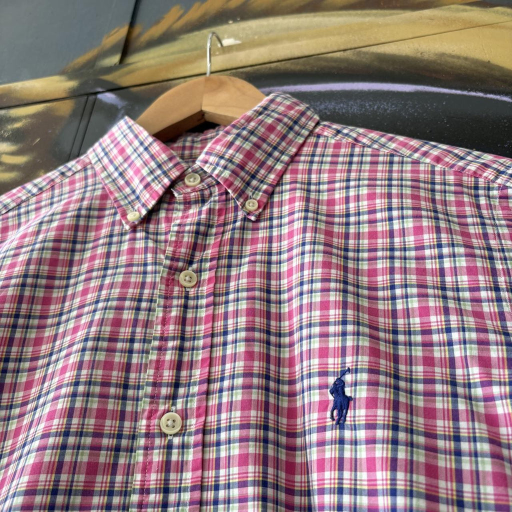 Vintage Ralph Lauren Polo Shirt Pink Check Preppy Pony Logo Collared Button Up Top Y2K 90s