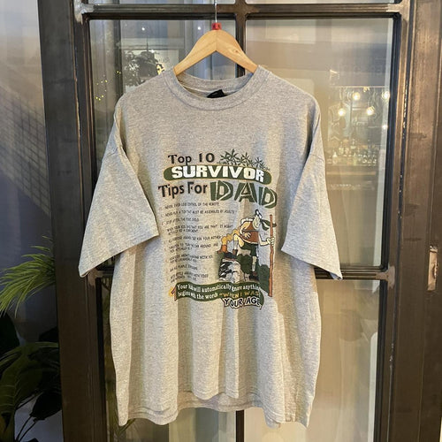 0225H118P - Vintage Retro Essential Top 10 Survivor Tips for Dads Grey Graphic Print Top Tee T-shirt promo parody souvenir #90s #graphic #top #essential #dad
