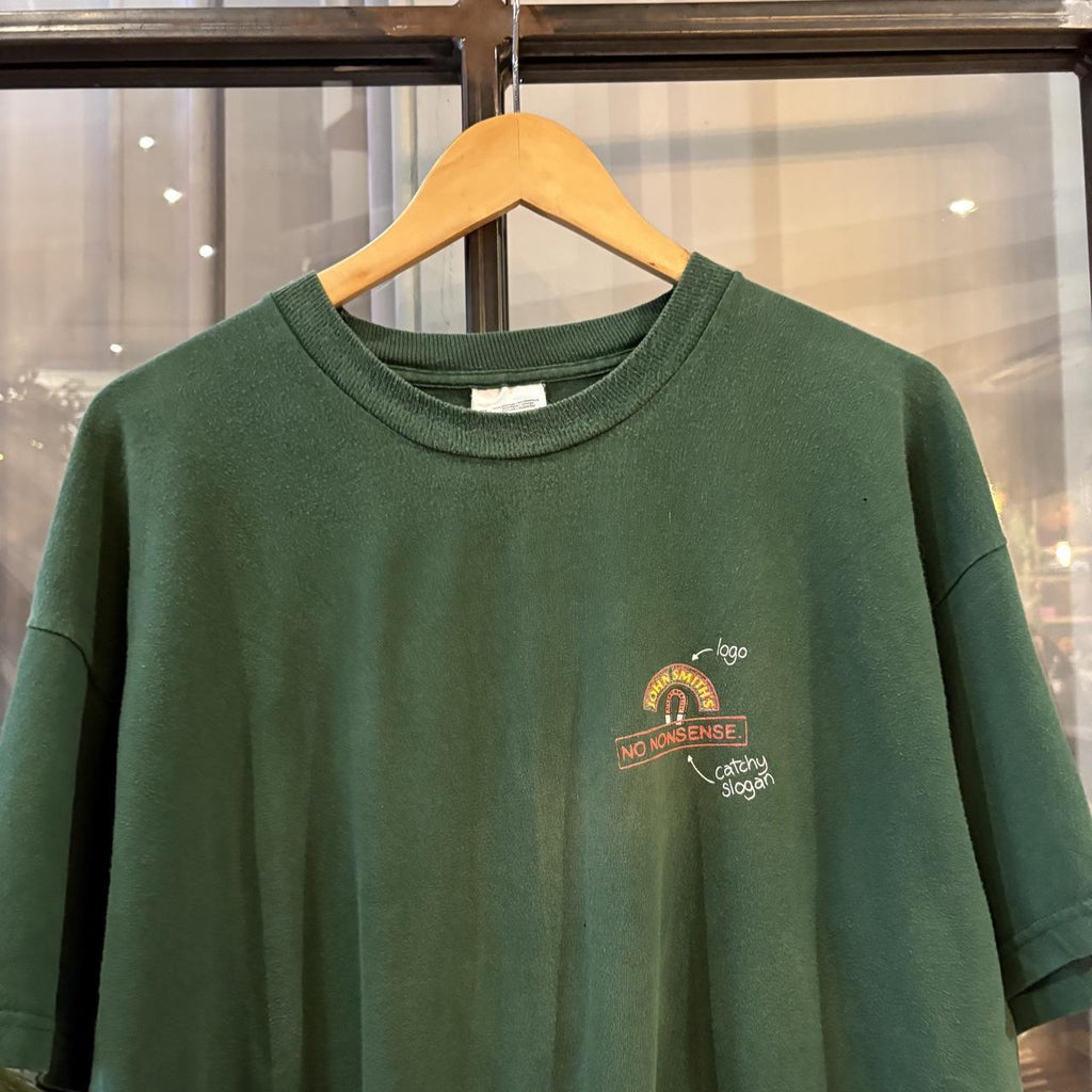 Vintage John Smith’s Beer T shirt Mens XL Green Promo No Nonsense Slogan Graphic Print Tee Top 90s Y2K 00s