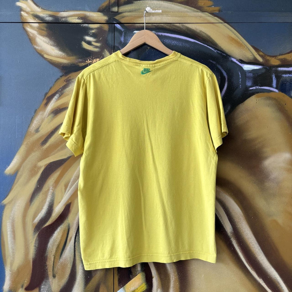 Vintage Nike Air T shirt Mens Small Yellow Stripe Block Spell Out Swoosh Graphic Print Joga Bonita Tee Top 90s Y2K 00s