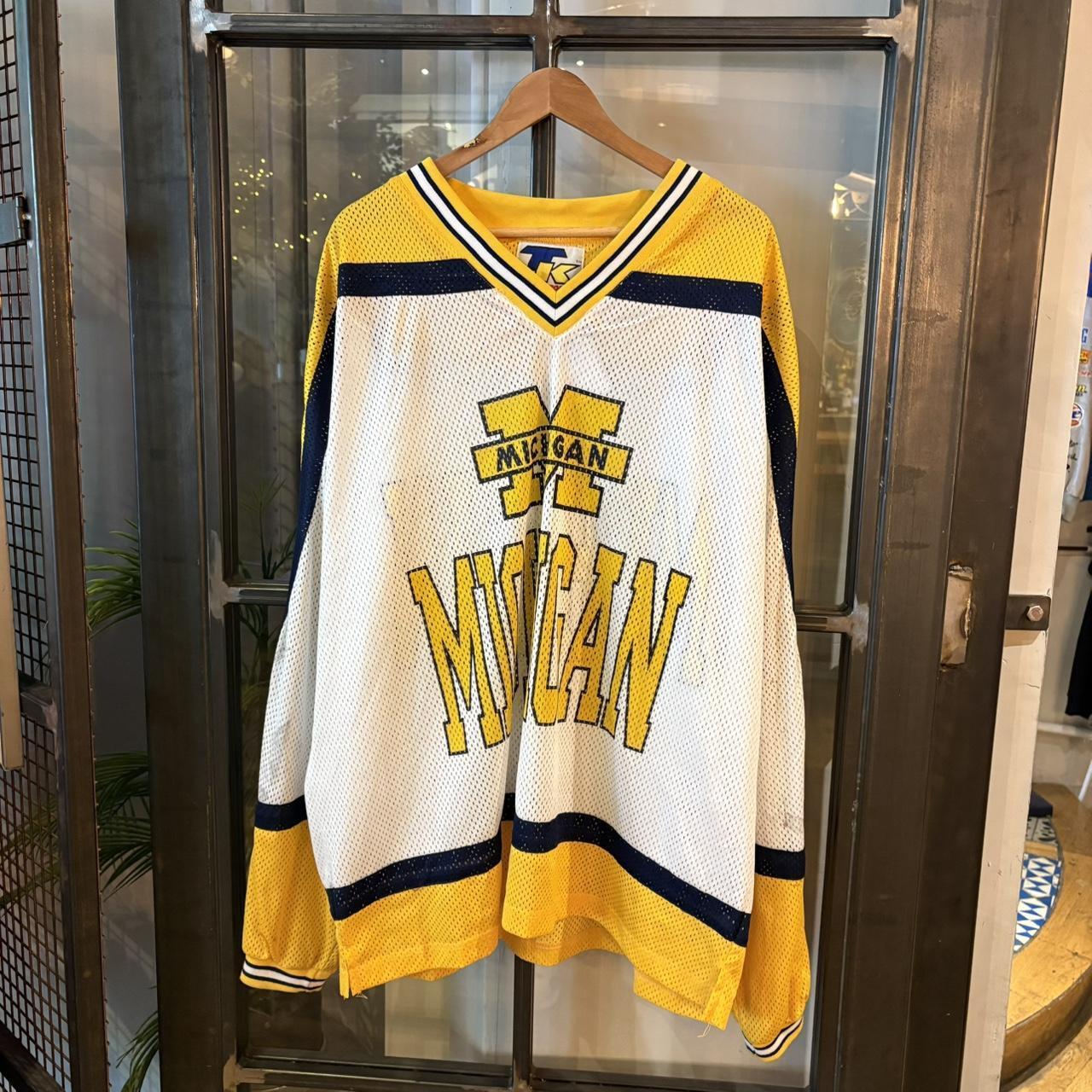 0125B22F - Vintage Retro Essential White and Yellow Michigan Wolverines College Hockey Mesh Jersey Shirt top #blokecore #sportswear #michigan #college #hockey