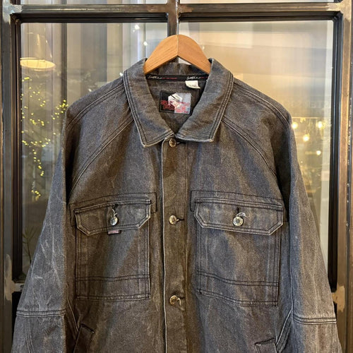 0325GE84F - Vintage Retro Essential South Pole Grey Wash Button Up Denim Jacket with embroidered patch logos and back graffiti print #denimjacket #denim #hiphop #y2k #southpole